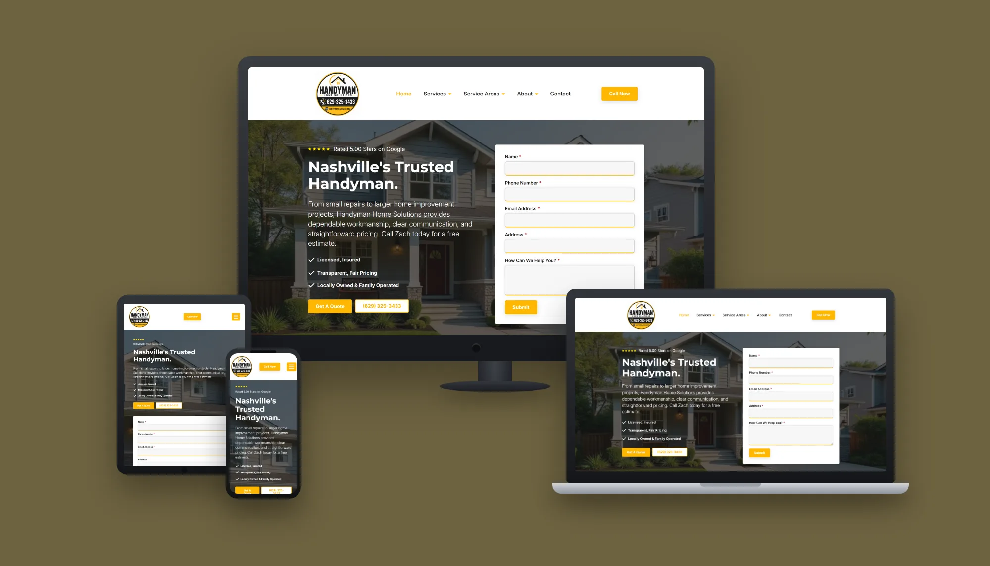 Handyman Home Solutions &mdash; website and AI lead system built by ES Studios, shown on desktop, laptop, tablet and phone