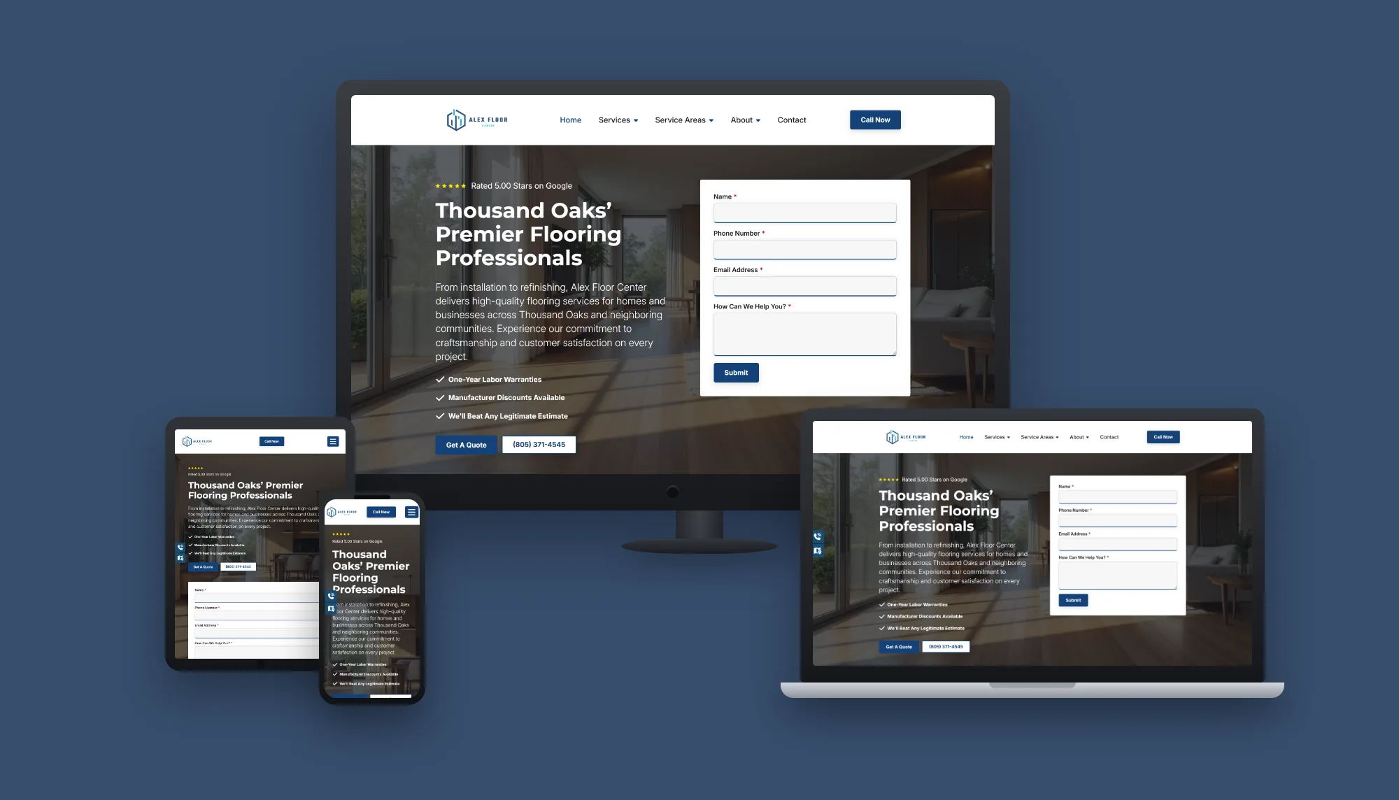 Alex Floor Center &mdash; website and AI lead system built by ES Studios, shown on desktop, laptop, tablet and phone