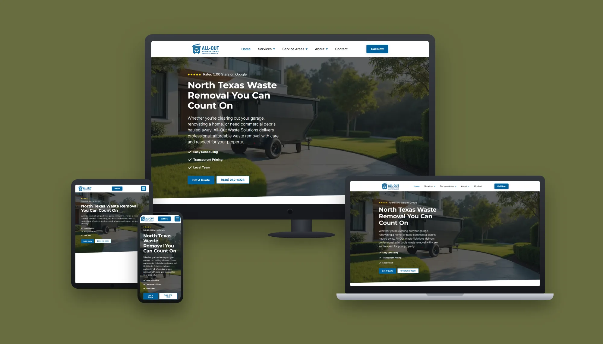 All-Out Waste Solutions &mdash; website and AI lead system built by ES Studios, shown on desktop, laptop, tablet and phone