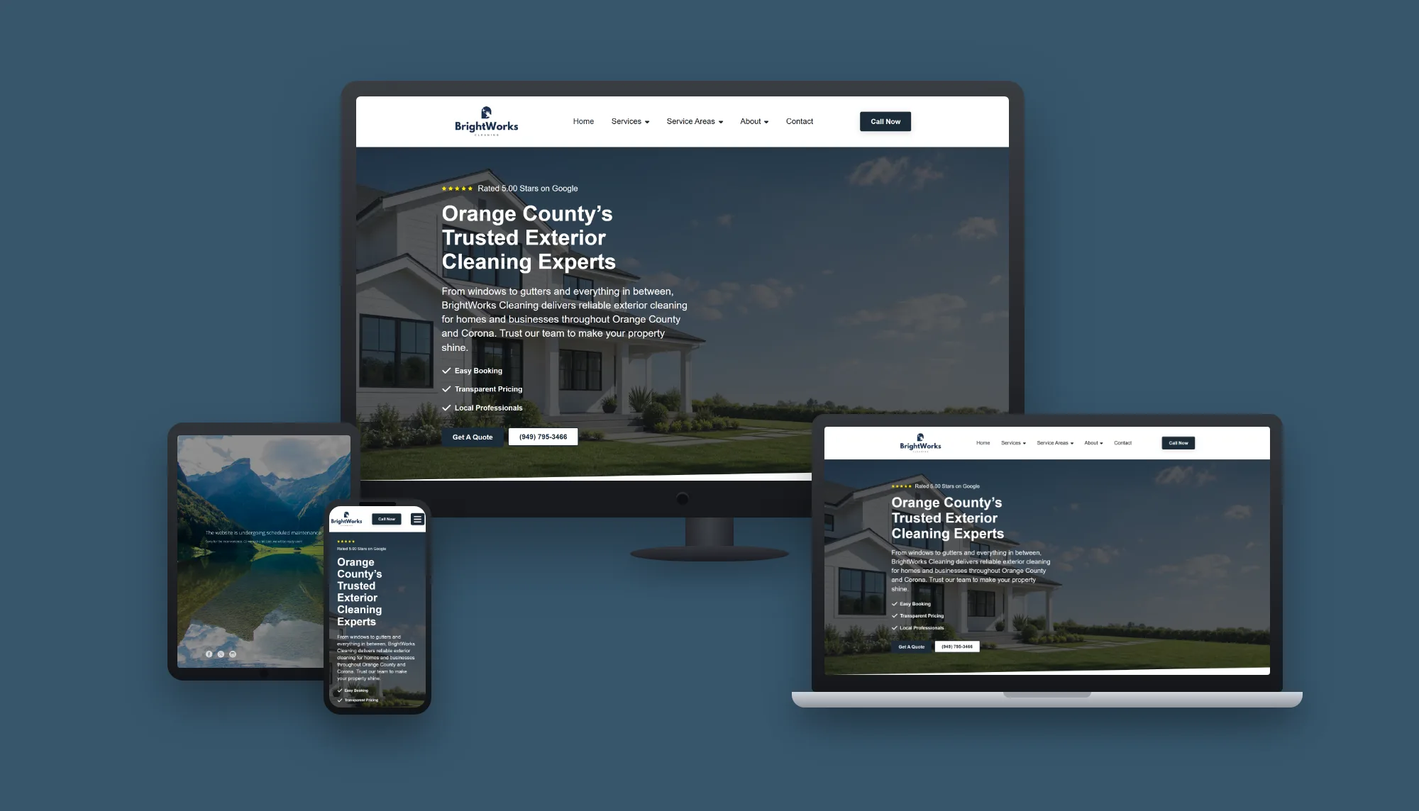 BrightWorks Cleaning &mdash; website and AI lead system built by ES Studios, shown on desktop, laptop, tablet and phone