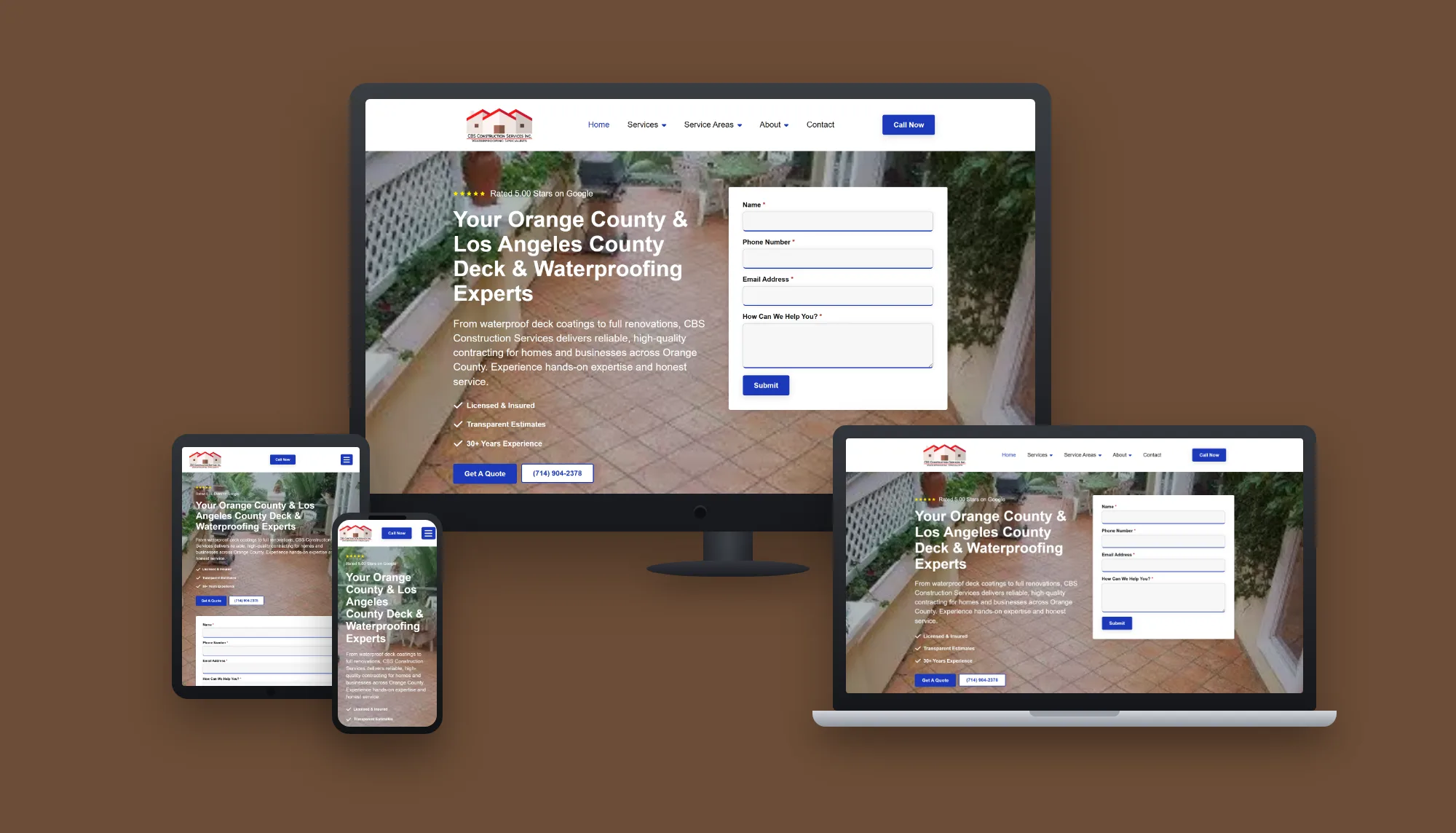 CBS Construction Services &mdash; website and AI lead system built by ES Studios, shown on desktop, laptop, tablet and phone