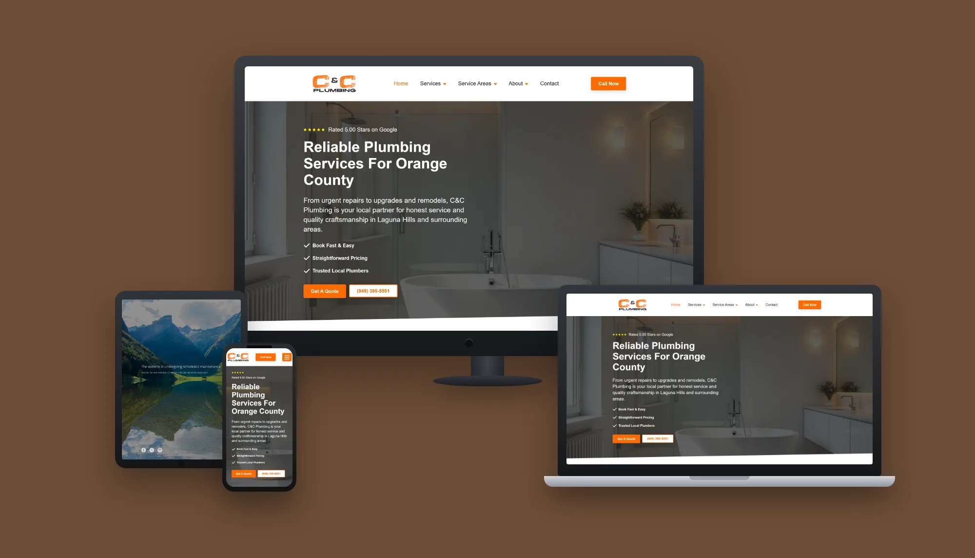 C&C Plumbing &mdash; website and AI lead system built by ES Studios, shown on desktop, laptop, tablet and phone