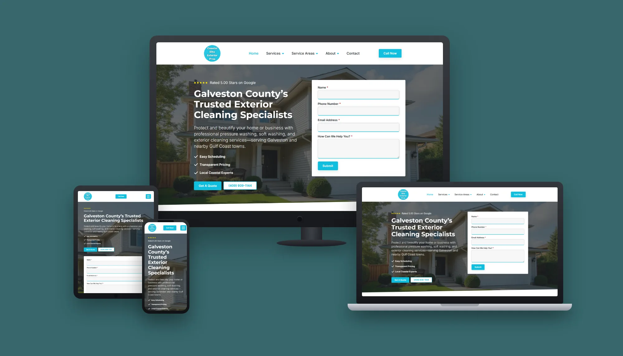 Coastal Elite Exterior Pros &mdash; website and AI lead system built by ES Studios, shown on desktop, laptop, tablet and phone