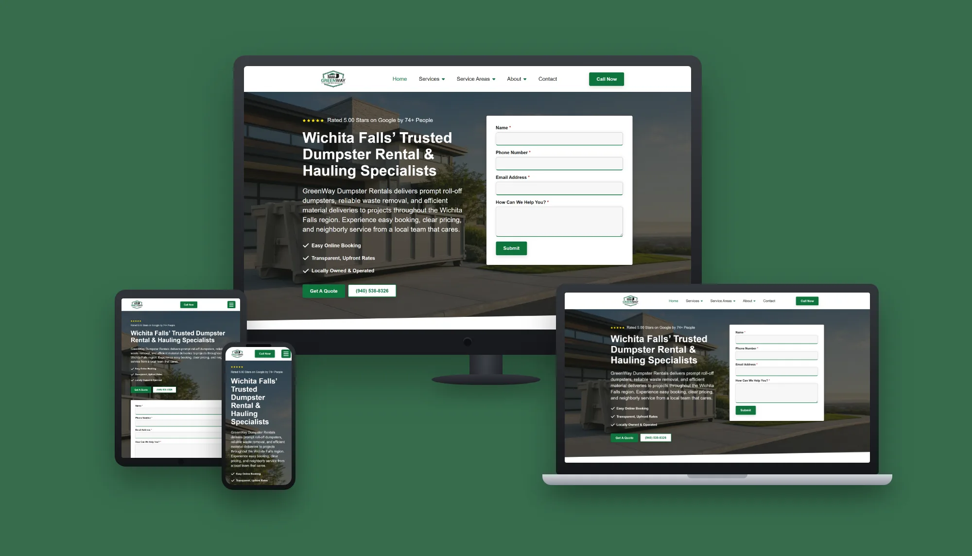 GreenWay Dumpster Rentals &mdash; website and AI lead system built by ES Studios, shown on desktop, laptop, tablet and phone