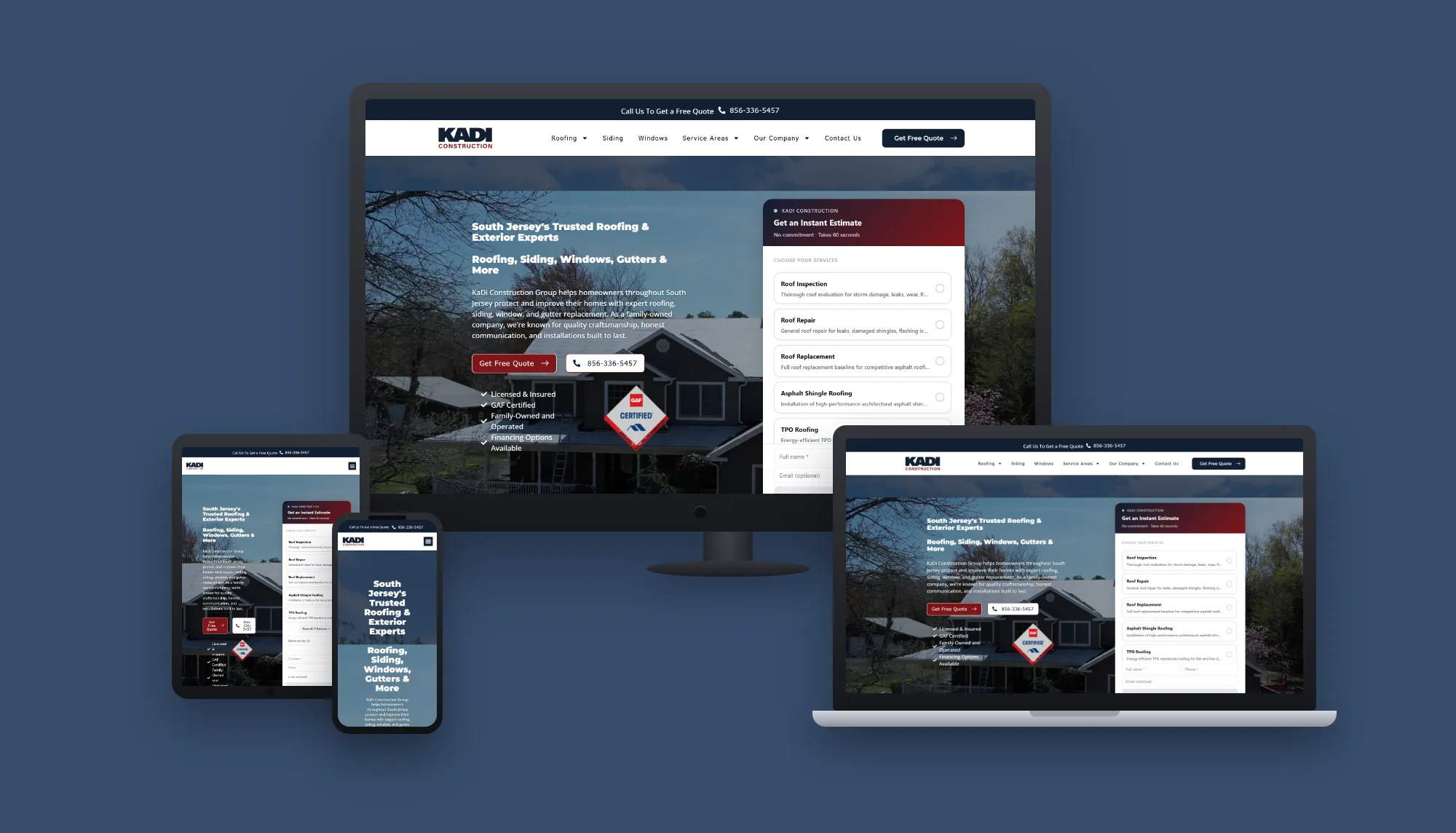 KaDi Construction Group &mdash; website and AI lead system built by ES Studios, shown on desktop, laptop, tablet and phone