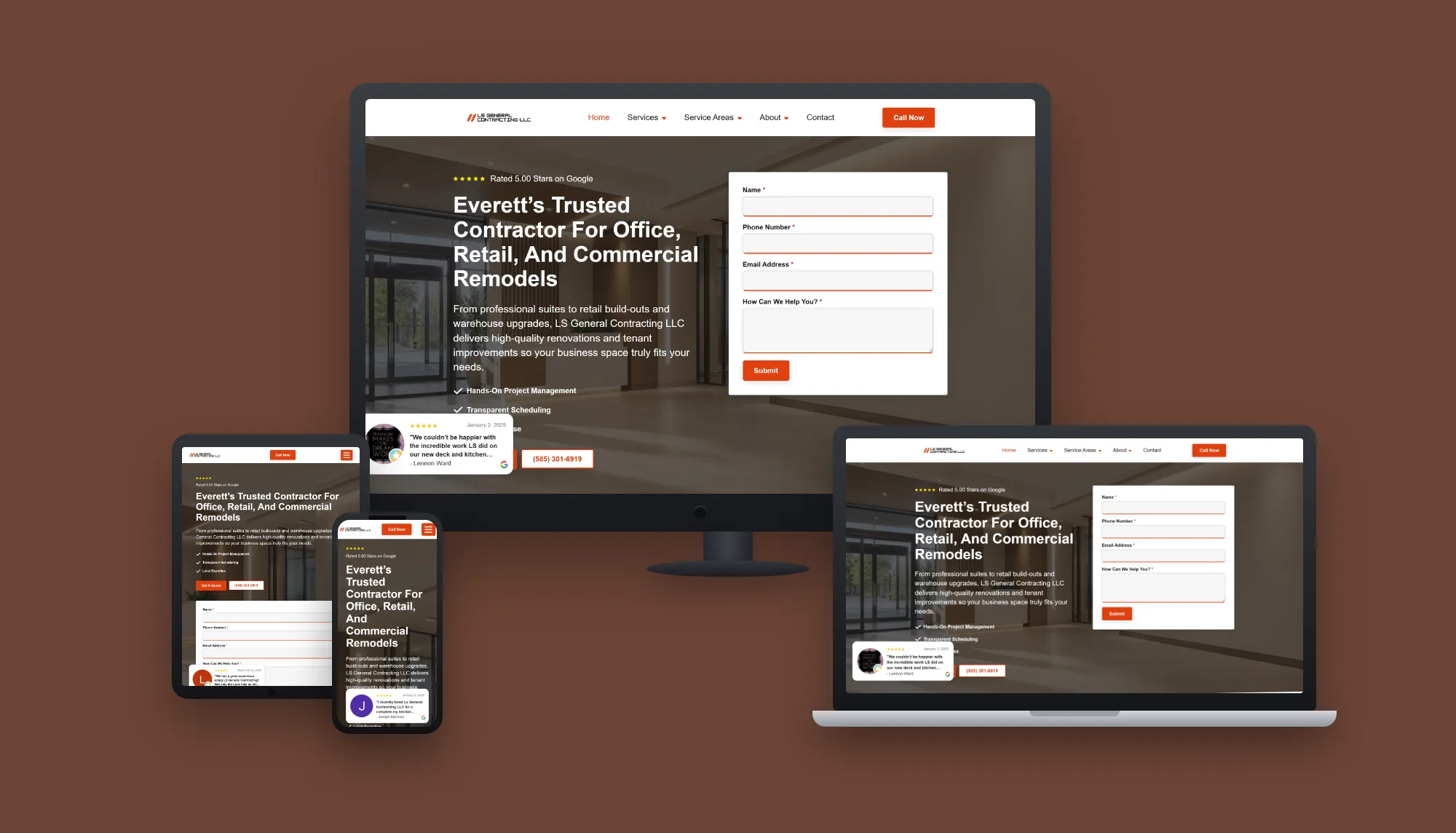 LS General Contracting Commercial &mdash; website and AI lead system built by ES Studios, shown on desktop, laptop, tablet and phone