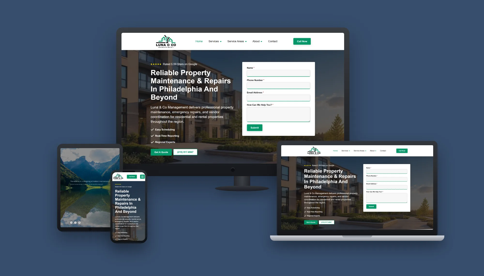Luna & Co Management &mdash; website and AI lead system built by ES Studios, shown on desktop, laptop, tablet and phone