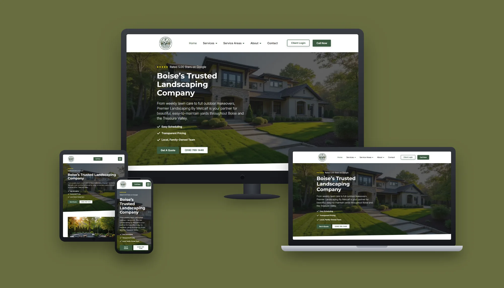 Premier Landscaping By Metcalf &mdash; website and AI lead system built by ES Studios, shown on desktop, laptop, tablet and phone