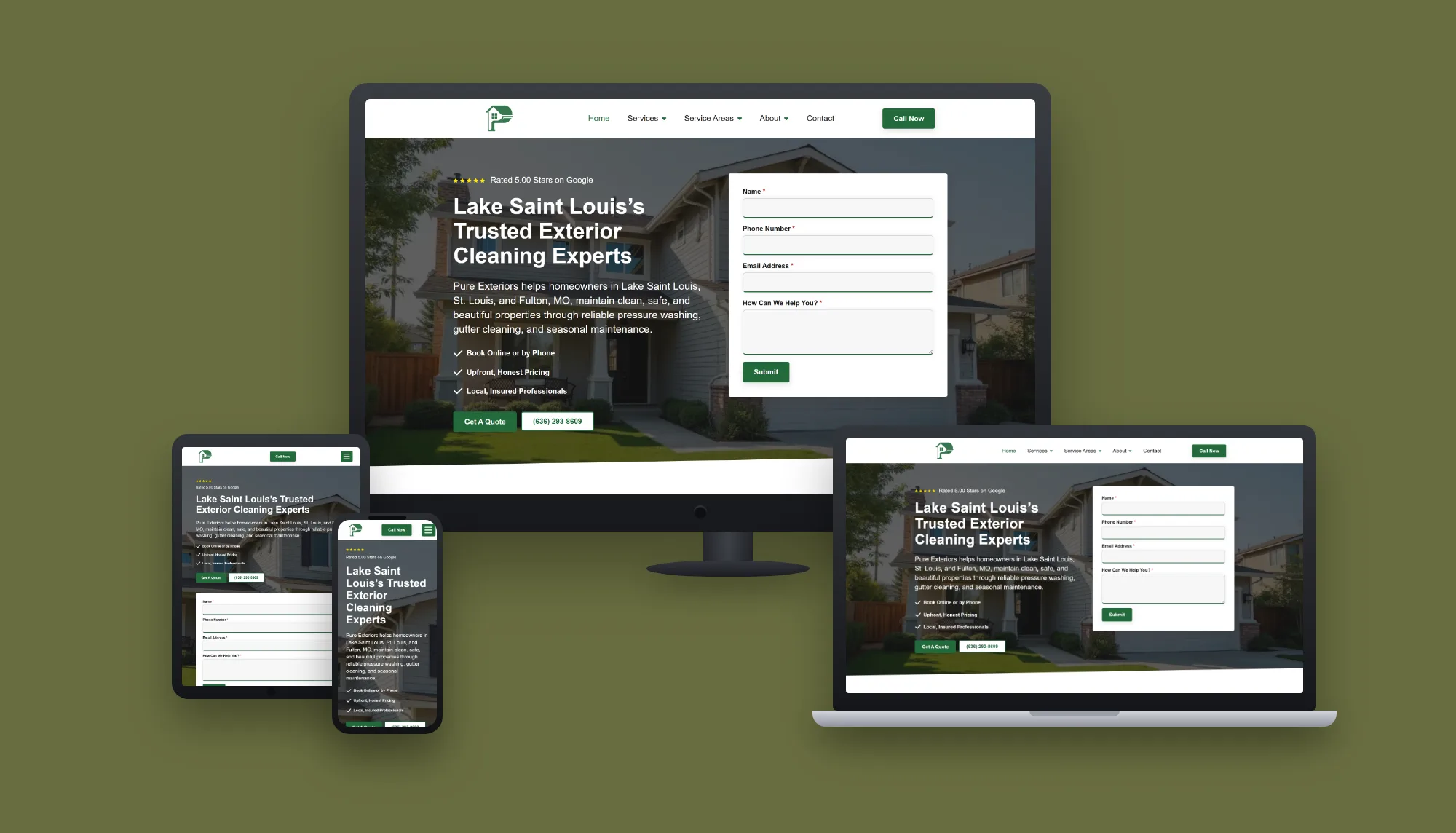 Pure Exteriors &mdash; website and AI lead system built by ES Studios, shown on desktop, laptop, tablet and phone