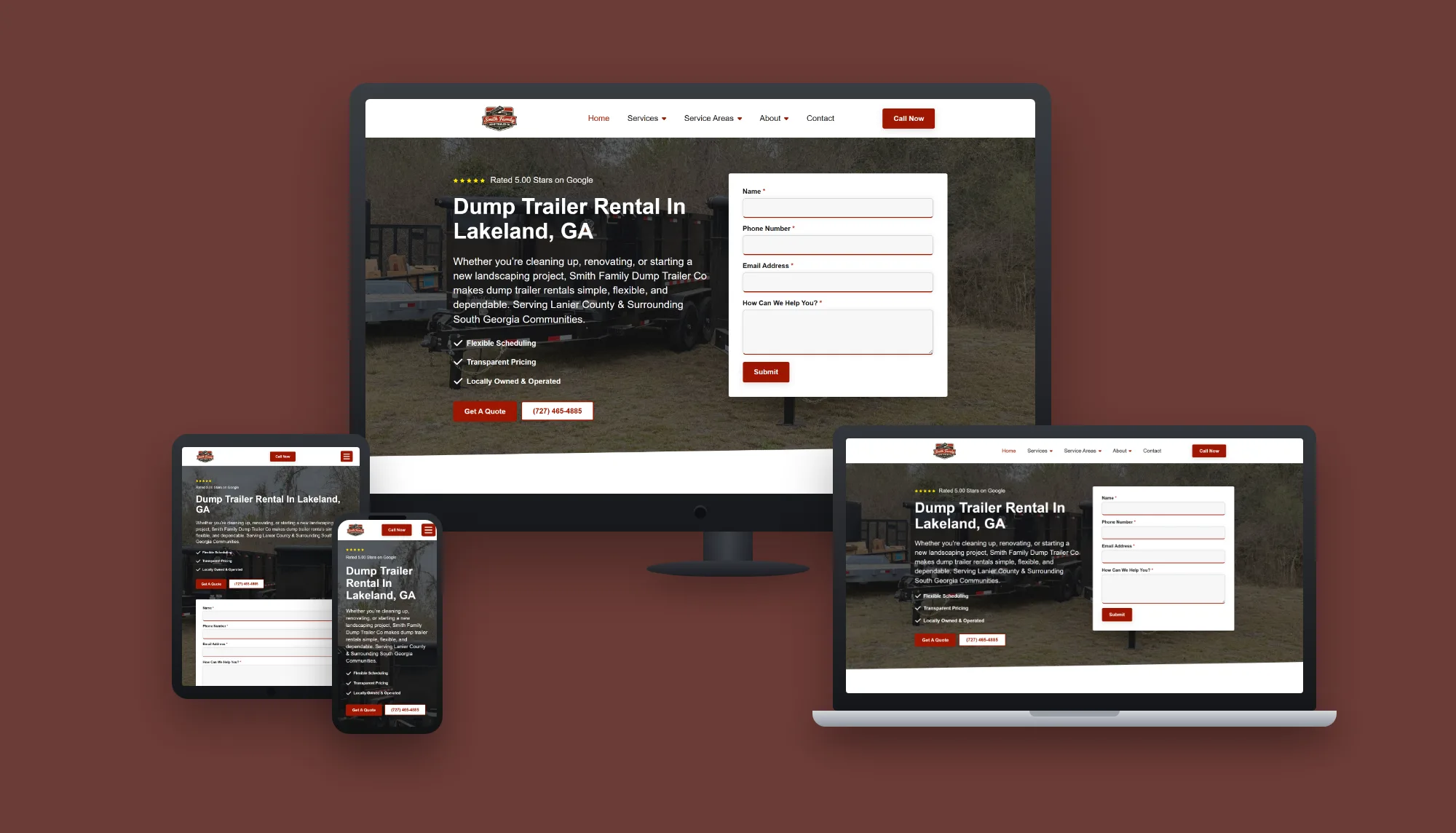 Smith Family Dump Trailer Co &mdash; website and AI lead system built by ES Studios, shown on desktop, laptop, tablet and phone