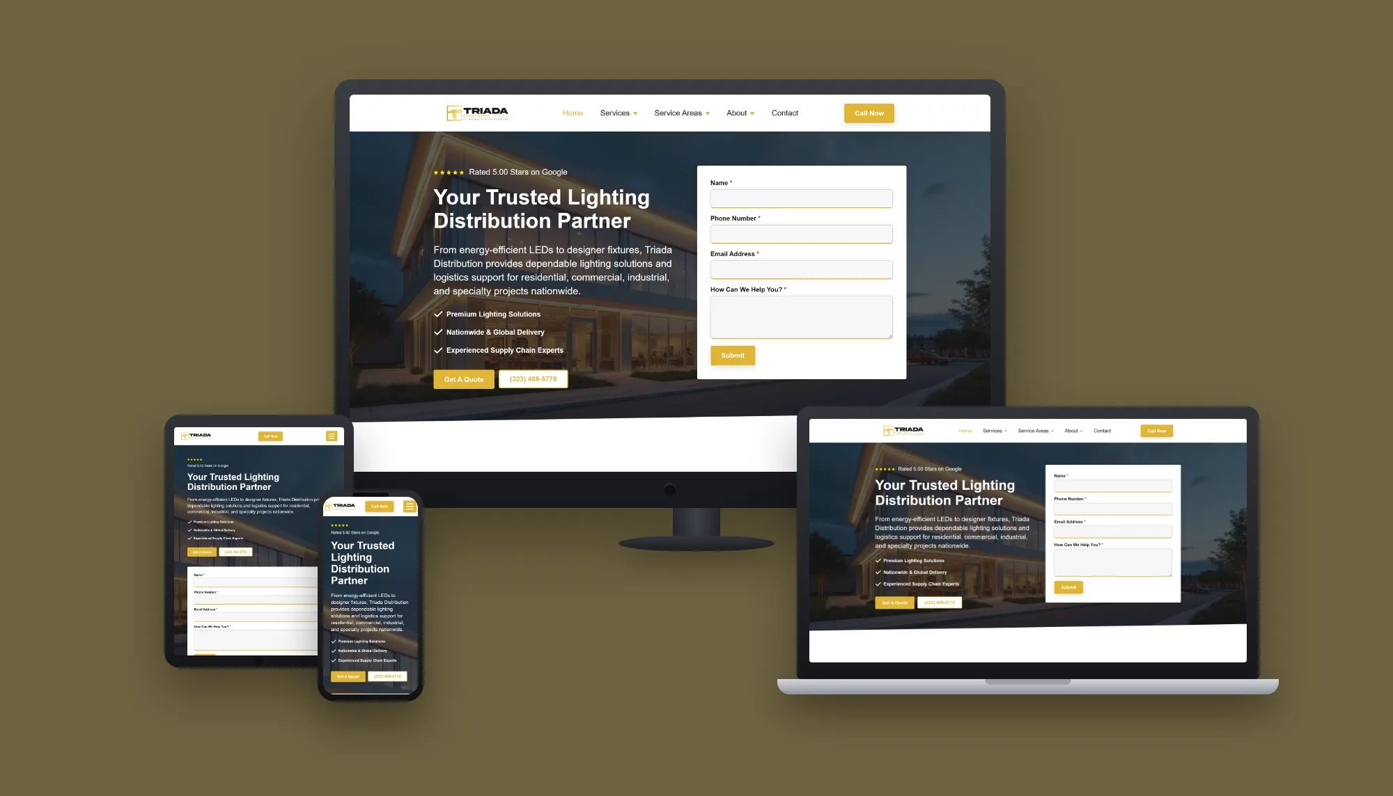 Triada Distribution &mdash; website and AI lead system built by ES Studios, shown on desktop, laptop, tablet and phone