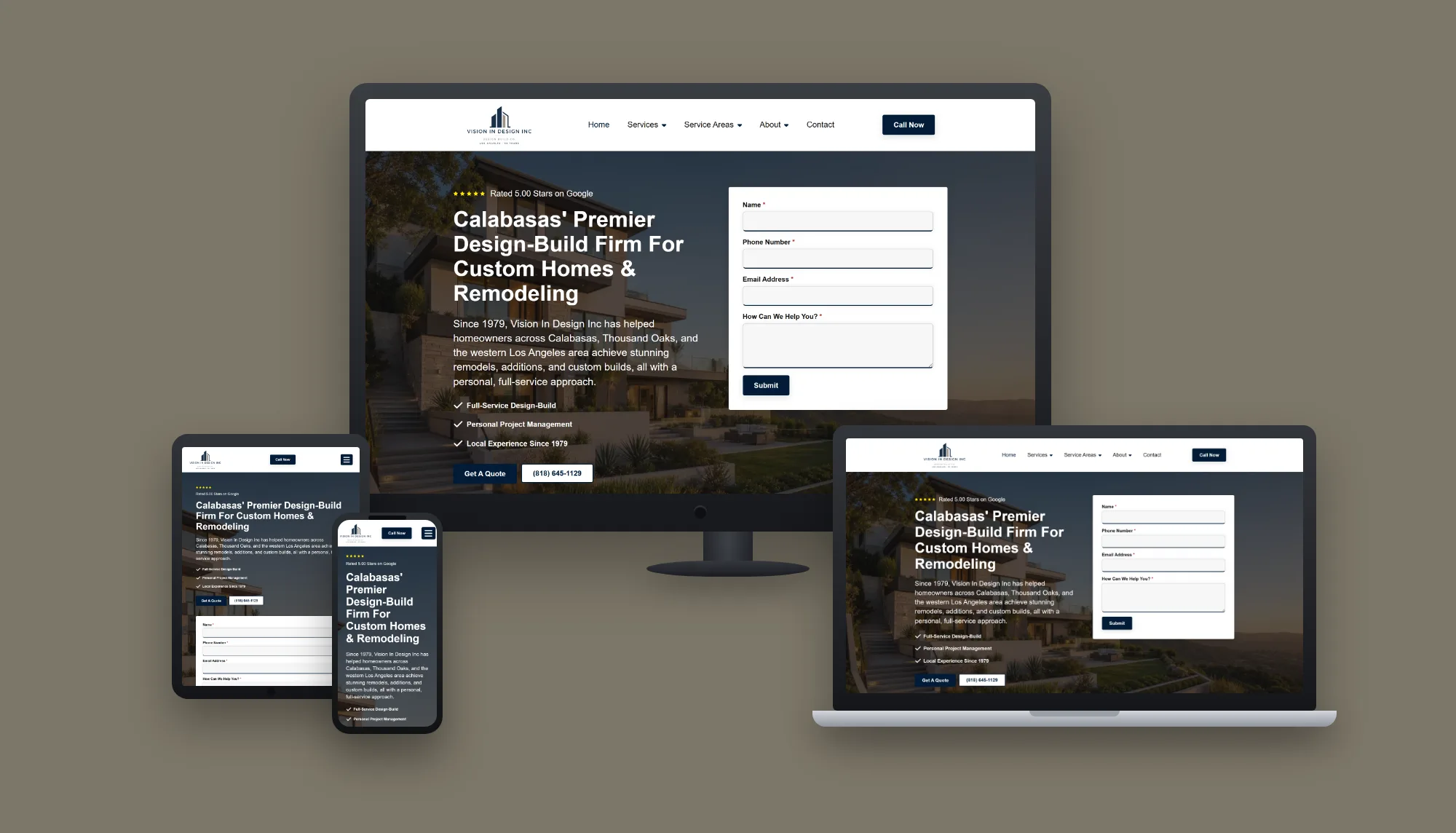 Vision In Design &mdash; website and AI lead system built by ES Studios, shown on desktop, laptop, tablet and phone